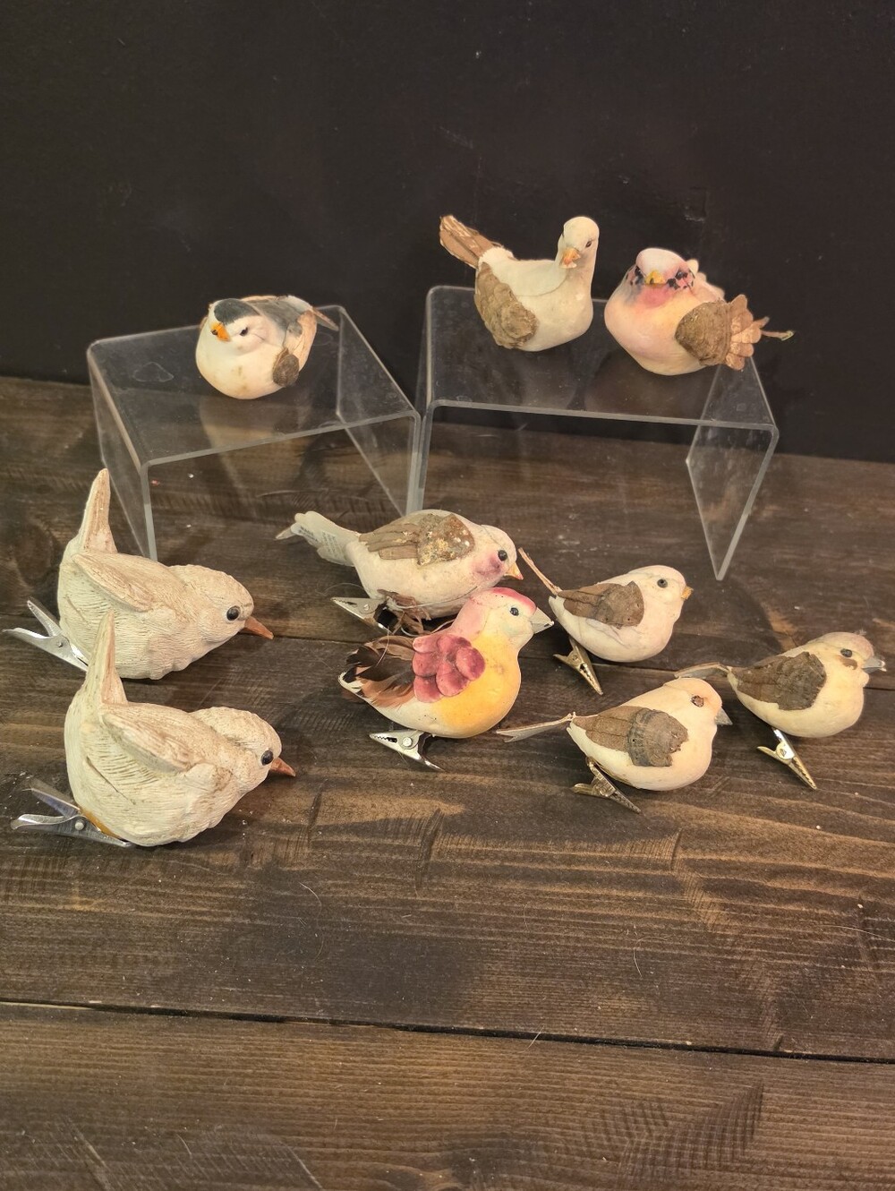 Vintage Craft Birds Lot of 10 Resin Foam Feather Ornaments Clip On & Tabletop